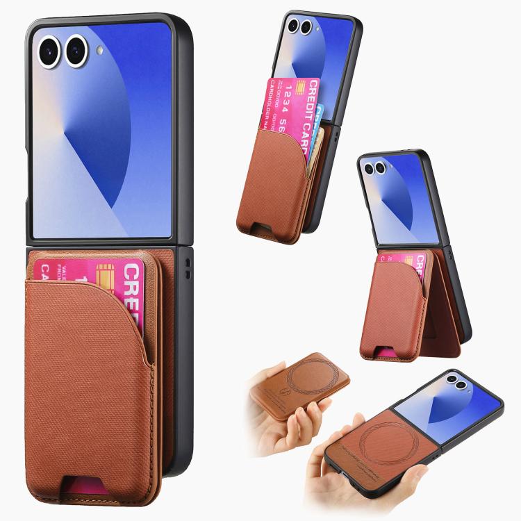 Twill Fabric Leather Skin Card Bag Magnetic Back Phone Case, For Galaxy Z Flip8 5G, For Galaxy Z Flip7 5G, For Galaxy Z Flip6, For Galaxy Z Flip5, For Galaxy Z Flip4, For Galaxy Z Flip3 5G
