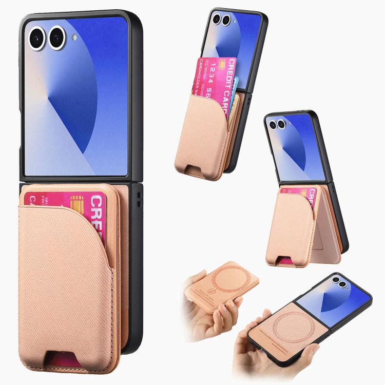 Twill Fabric Leather Skin Card Bag Magnetic Back Phone Case, For Galaxy Z Flip8 5G, For Galaxy Z Flip7 5G, For Galaxy Z Flip6, For Galaxy Z Flip5, For Galaxy Z Flip4, For Galaxy Z Flip3 5G