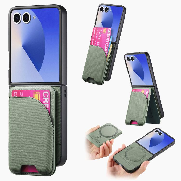Twill Fabric Leather Skin Card Bag Magnetic Back Phone Case, For Galaxy Z Flip8 5G, For Galaxy Z Flip7 5G, For Galaxy Z Flip6, For Galaxy Z Flip5, For Galaxy Z Flip4, For Galaxy Z Flip3 5G