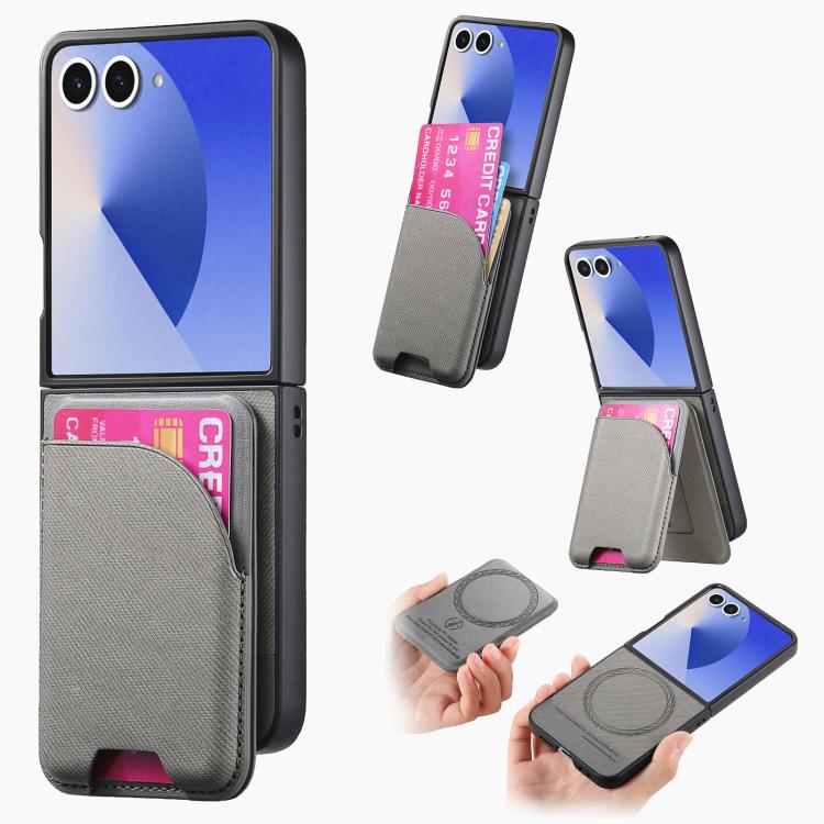 Twill Fabric Leather Skin Card Bag Magnetic Back Phone Case, For Galaxy Z Flip8 5G, For Galaxy Z Flip7 5G, For Galaxy Z Flip6, For Galaxy Z Flip5, For Galaxy Z Flip4, For Galaxy Z Flip3 5G