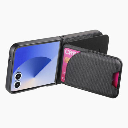 Twill Fabric Leather Skin Card Bag Magnetic Back Phone Case, For Galaxy Z Flip8 5G, For Galaxy Z Flip7 5G, For Galaxy Z Flip6, For Galaxy Z Flip5, For Galaxy Z Flip4, For Galaxy Z Flip3 5G