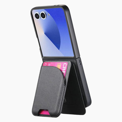 Twill Fabric Leather Skin Card Bag Magnetic Back Phone Case, For Galaxy Z Flip8 5G, For Galaxy Z Flip7 5G, For Galaxy Z Flip6, For Galaxy Z Flip5, For Galaxy Z Flip4, For Galaxy Z Flip3 5G