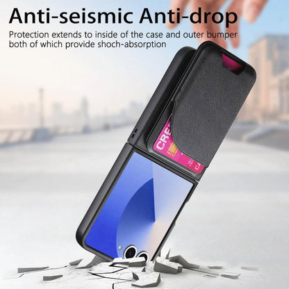 Twill Fabric Leather Skin Card Bag Magnetic Back Phone Case, For Galaxy Z Flip8 5G, For Galaxy Z Flip7 5G, For Galaxy Z Flip6, For Galaxy Z Flip5, For Galaxy Z Flip4, For Galaxy Z Flip3 5G