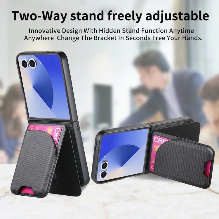 Twill Fabric Leather Skin Card Bag Magnetic Back Phone Case, For Galaxy Z Flip8 5G, For Galaxy Z Flip7 5G, For Galaxy Z Flip6, For Galaxy Z Flip5, For Galaxy Z Flip4, For Galaxy Z Flip3 5G