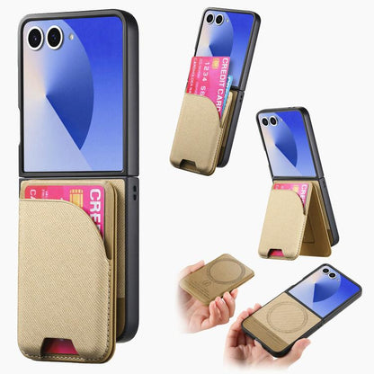 Twill Fabric Leather Skin Card Bag Magnetic Back Phone Case, For Galaxy Z Flip8 5G, For Galaxy Z Flip7 5G, For Galaxy Z Flip6, For Galaxy Z Flip5, For Galaxy Z Flip4, For Galaxy Z Flip3 5G