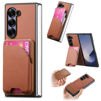 Twill Fabric Leather Skin Card Bag Magnetic Back Phone Case, For Galaxy Z Fold8 Ultra 5G, For Galaxy Z Fold7 5G, For Galaxy Z Fold6, For Galaxy Z Fold5, For Galaxy Z Fold4, For Galaxy Z Fold3 5G