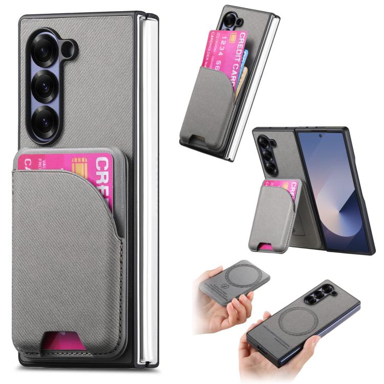 Twill Fabric Leather Skin Card Bag Magnetic Back Phone Case, For Galaxy Z Fold8 Ultra 5G, For Galaxy Z Fold7 5G, For Galaxy Z Fold6, For Galaxy Z Fold5, For Galaxy Z Fold4, For Galaxy Z Fold3 5G