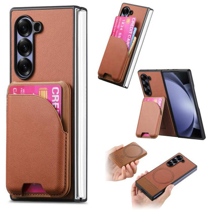 Twill Fabric Leather Skin Card Bag Magnetic Back Phone Case, For Galaxy Z Fold8 Ultra 5G, For Galaxy Z Fold7 5G, For Galaxy Z Fold6, For Galaxy Z Fold5, For Galaxy Z Fold4, For Galaxy Z Fold3 5G