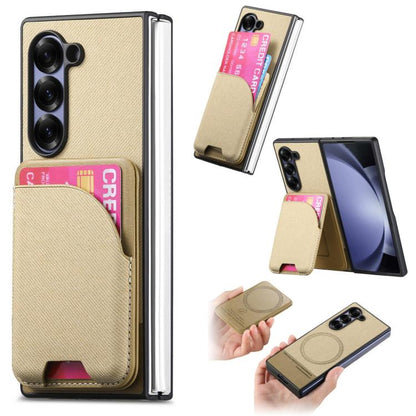 Twill Fabric Leather Skin Card Bag Magnetic Back Phone Case, For Galaxy Z Fold8 Ultra 5G, For Galaxy Z Fold7 5G, For Galaxy Z Fold6, For Galaxy Z Fold5, For Galaxy Z Fold4, For Galaxy Z Fold3 5G