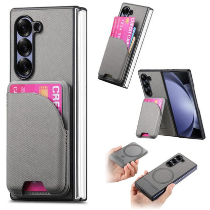 Twill Fabric Leather Skin Card Bag Magnetic Back Phone Case, For Galaxy Z Fold8 Ultra 5G, For Galaxy Z Fold7 5G, For Galaxy Z Fold6, For Galaxy Z Fold5, For Galaxy Z Fold4, For Galaxy Z Fold3 5G