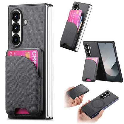 Twill Fabric Leather Skin Card Bag Magnetic Back Phone Case, For Galaxy Z Fold8 Ultra 5G, For Galaxy Z Fold7 5G, For Galaxy Z Fold6, For Galaxy Z Fold5, For Galaxy Z Fold4, For Galaxy Z Fold3 5G