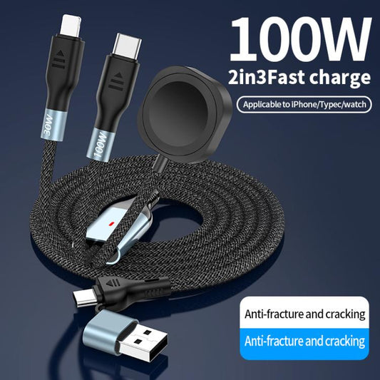 100W PD Fast Charging Date Cable for Phone and Watch, 1.2m 2-in-3, 2m 2-in-3, 1.2m 2-in-2, 2m 2-in-2