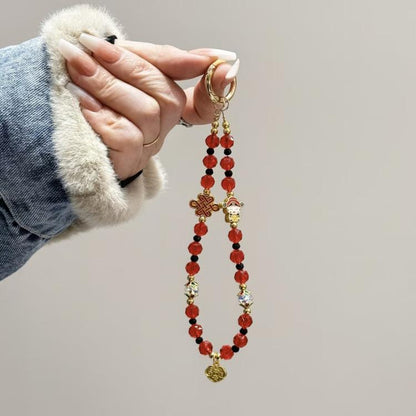 Fortune Red Crystal Phone Chain, Lucky Cat, God Of Wealth, Fu Word