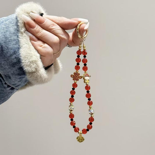 Fortune Red Crystal Phone Chain, Lucky Cat, God Of Wealth, Fu Word
