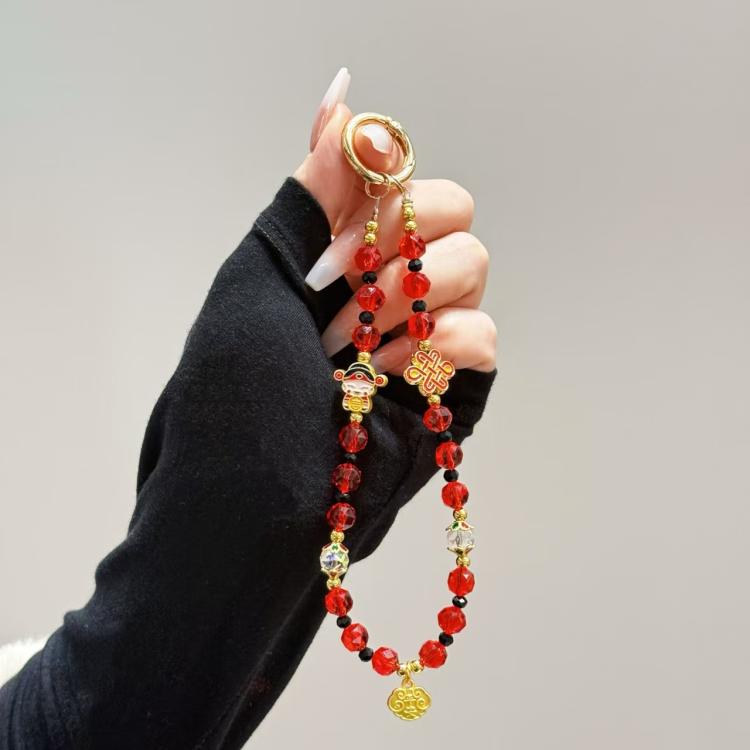 Fortune Red Crystal Phone Chain, Lucky Cat, God Of Wealth, Fu Word