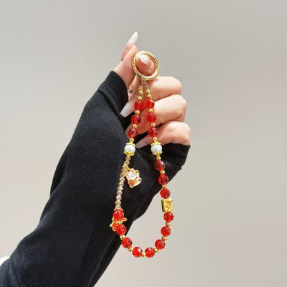 Fortune Red Crystal Phone Chain, Lucky Cat, God Of Wealth, Fu Word