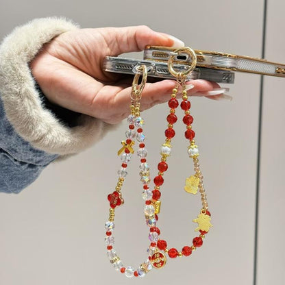 Fortune Red Crystal Phone Chain, Lucky Cat, God Of Wealth, Fu Word