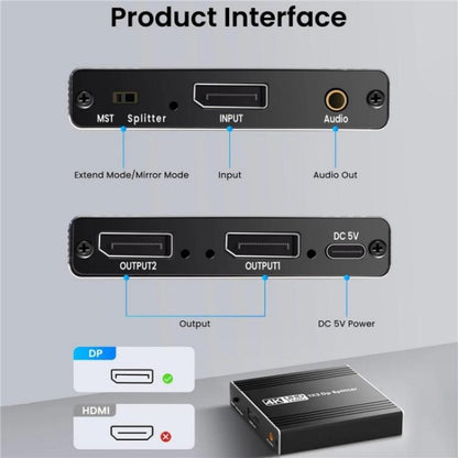 FD 1X2 4K 144HZ Audio Extractor Splitter DisplayPort 1.4 to Dual DisplayPort MST Hub, US Plug, EU Plug