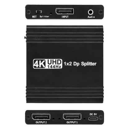 FD 1X2 4K 144HZ Audio Extractor Splitter DisplayPort 1.4 to Dual DisplayPort MST Hub, US Plug, EU Plug