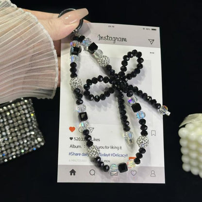 Luminous Round Bead Double Chain Phone Chain, Black, Star White, Yellow, White Rhinestones, White, Pink
