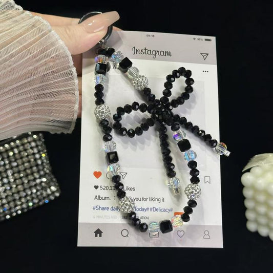 Luminous Round Bead Double Chain Phone Chain, Black, Star White, Yellow, White Rhinestones, White, Pink