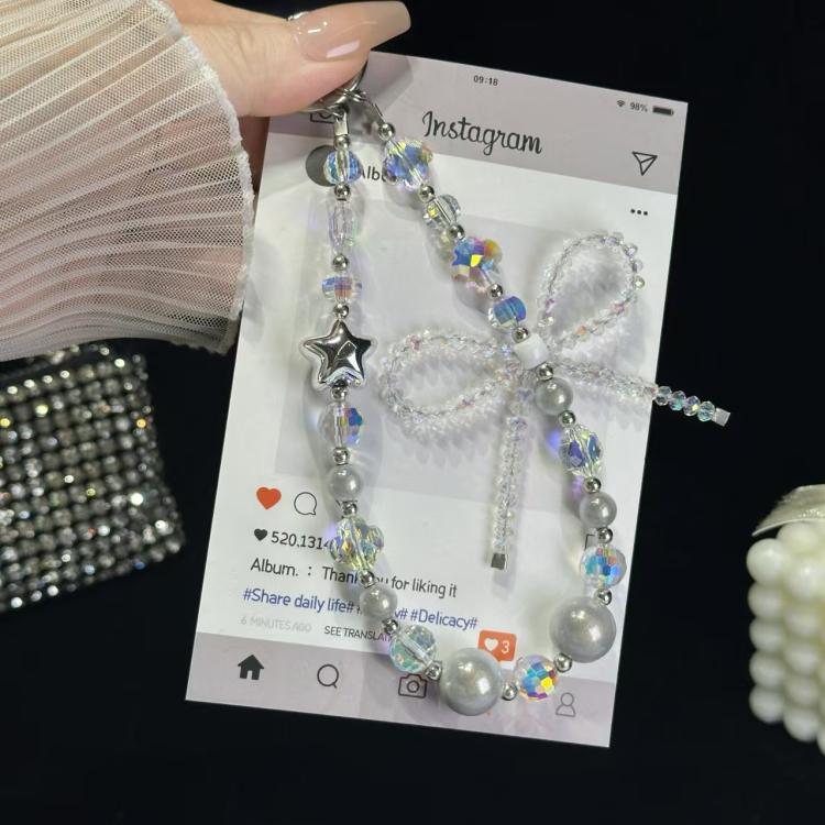Luminous Round Bead Double Chain Phone Chain, Black, Star White, Yellow, White Rhinestones, White, Pink