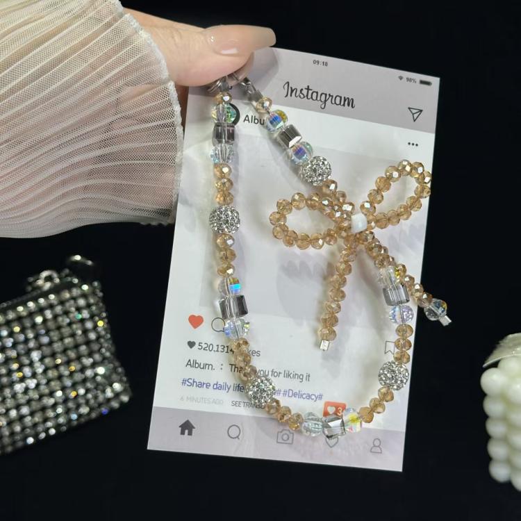 Luminous Round Bead Double Chain Phone Chain, Black, Star White, Yellow, White Rhinestones, White, Pink