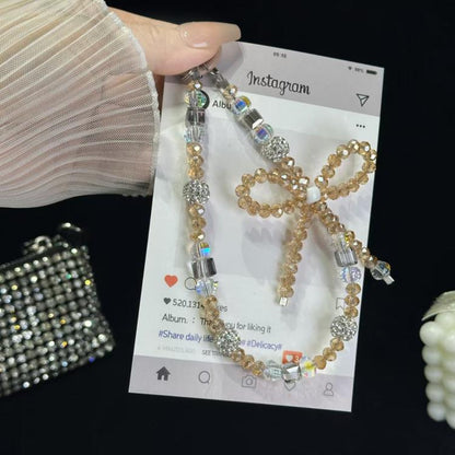 Luminous Round Bead Double Chain Phone Chain, Black, Star White, Yellow, White Rhinestones, White, Pink