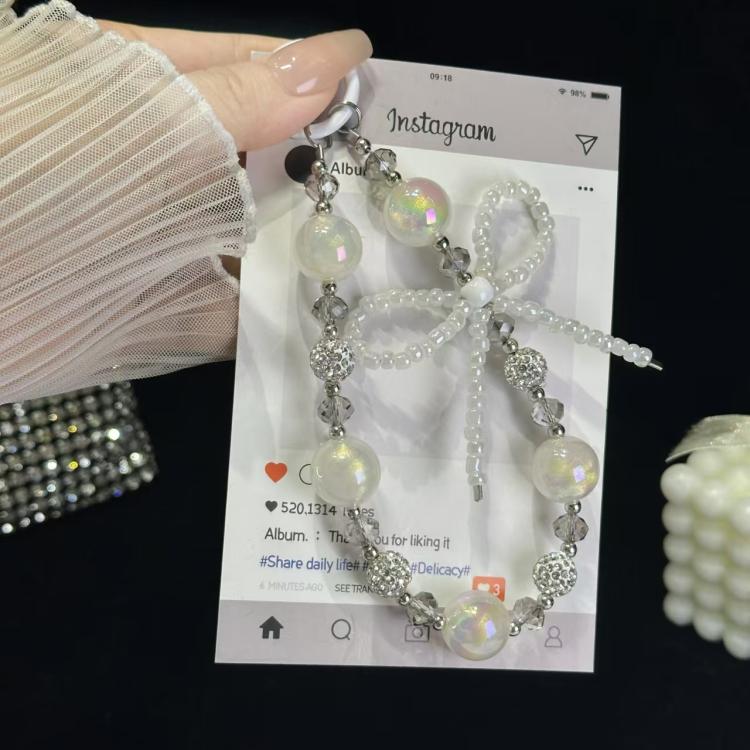 Luminous Round Bead Double Chain Phone Chain, Black, Star White, Yellow, White Rhinestones, White, Pink