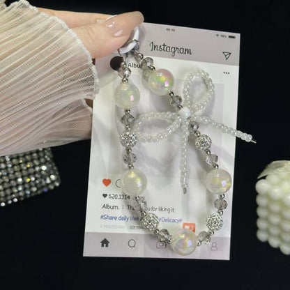 Luminous Round Bead Double Chain Phone Chain, Black, Star White, Yellow, White Rhinestones, White, Pink