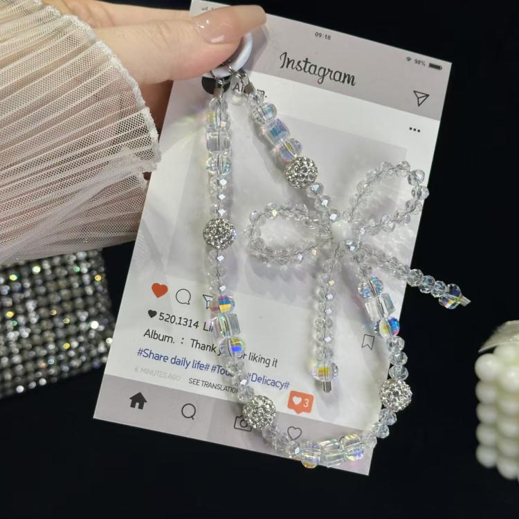 Luminous Round Bead Double Chain Phone Chain, Black, Star White, Yellow, White Rhinestones, White, Pink
