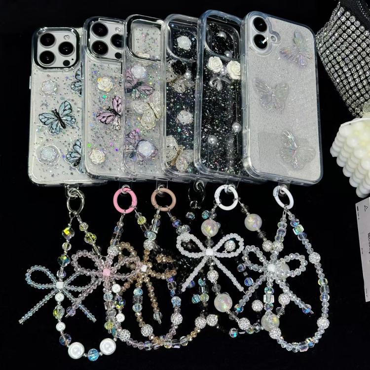 Luminous Round Bead Double Chain Phone Chain, Black, Star White, Yellow, White Rhinestones, White, Pink