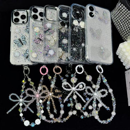 Luminous Round Bead Double Chain Phone Chain, Black, Star White, Yellow, White Rhinestones, White, Pink