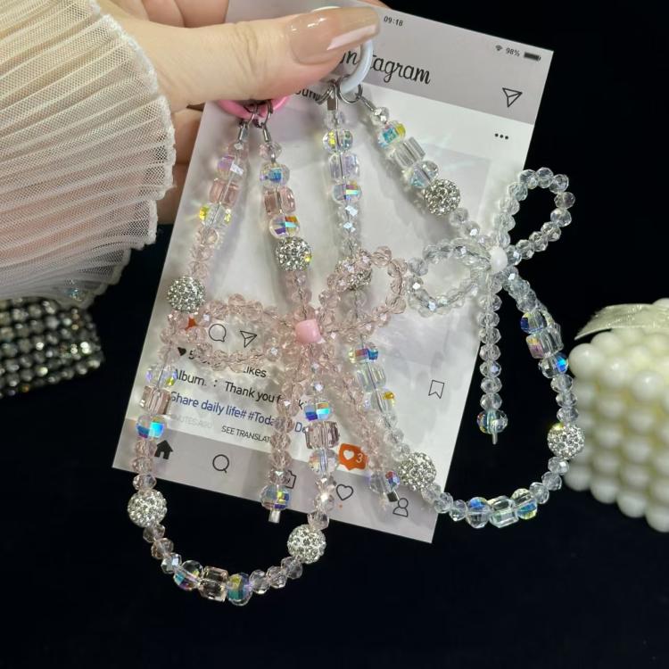 Luminous Round Bead Double Chain Phone Chain, Black, Star White, Yellow, White Rhinestones, White, Pink