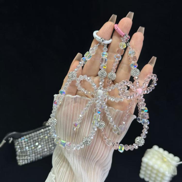 Luminous Round Bead Double Chain Phone Chain, Black, Star White, Yellow, White Rhinestones, White, Pink