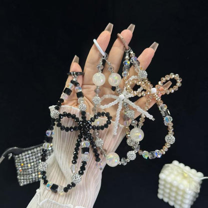 Luminous Round Bead Double Chain Phone Chain, Black, Star White, Yellow, White Rhinestones, White, Pink