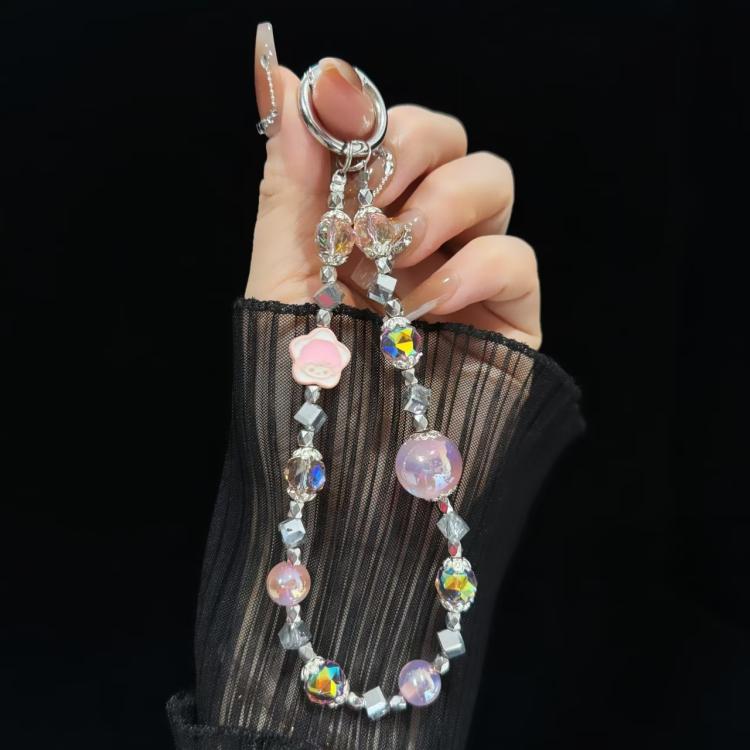 Heidi Bead Mobile Phone Chain, Orange, Pink, Green, Butterflies with colored beads, Dough
