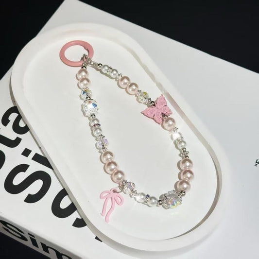 Diamond-Encrusted Pearl Butterfly Phone Chain
