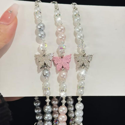 Diamond-Encrusted Pearl Butterfly Phone Chain
