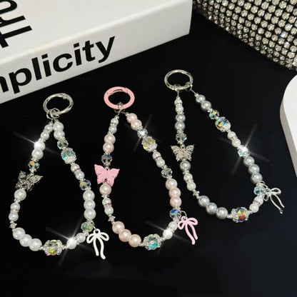 Diamond-Encrusted Pearl Butterfly Phone Chain