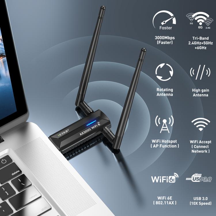 EDUP EP-AX1672 AX3000 USB 3.0 Wireless WiFi 6E Adapter 802.11g High Power Wireless USB Adapter 2.4GHz & 5GHz & 6GHz with Chipset MT7621AU