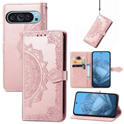 Mandala Flower Embossed Leather Phone Case, For Google Pixel 10a, For Google Pixel 10 Pro XL, For Google Pixel 9a, For Google Pixel 9 Pro XL, For Google Pixel 10 / 10 Pro, For Google Pixel 9 / 9 Pro