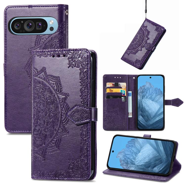 Mandala Flower Embossed Leather Phone Case, For Google Pixel 10a, For Google Pixel 10 Pro XL, For Google Pixel 9a, For Google Pixel 9 Pro XL, For Google Pixel 10 / 10 Pro, For Google Pixel 9 / 9 Pro