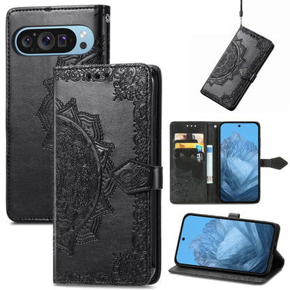 Mandala Flower Embossed Leather Phone Case, For Google Pixel 10a, For Google Pixel 10 Pro XL, For Google Pixel 9a, For Google Pixel 9 Pro XL, For Google Pixel 10 / 10 Pro, For Google Pixel 9 / 9 Pro