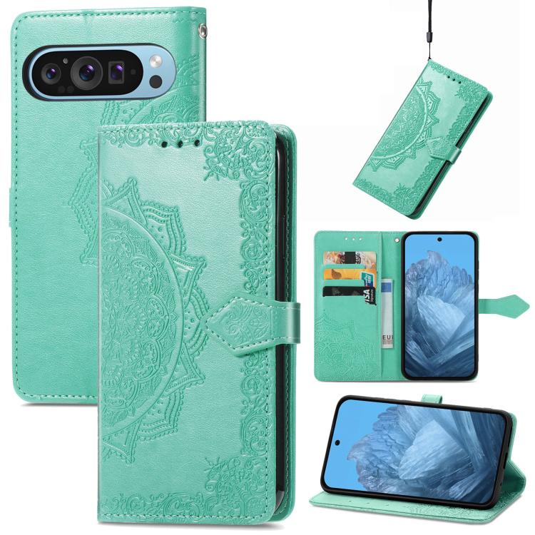 Mandala Flower Embossed Leather Phone Case, For Google Pixel 10a, For Google Pixel 10 Pro XL, For Google Pixel 9a, For Google Pixel 9 Pro XL, For Google Pixel 10 / 10 Pro, For Google Pixel 9 / 9 Pro