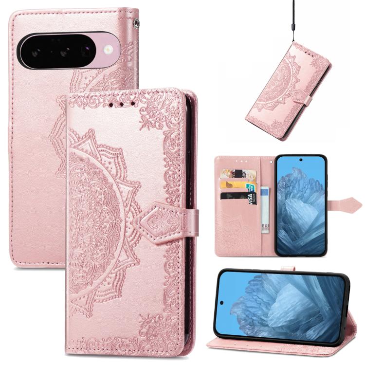 Mandala Flower Embossed Leather Phone Case, For Google Pixel 10a, For Google Pixel 10 Pro XL, For Google Pixel 9a, For Google Pixel 9 Pro XL, For Google Pixel 10 / 10 Pro, For Google Pixel 9 / 9 Pro