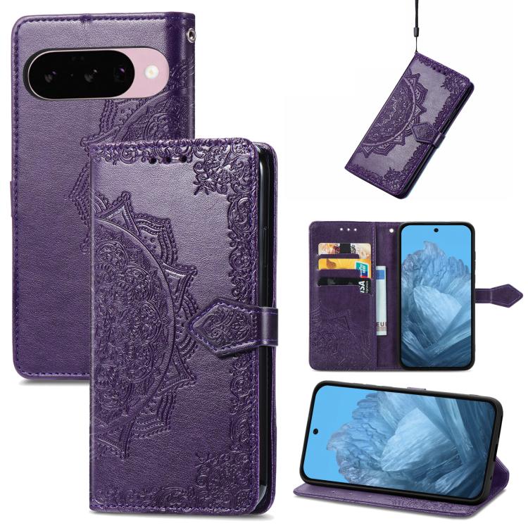 Mandala Flower Embossed Leather Phone Case, For Google Pixel 10a, For Google Pixel 10 Pro XL, For Google Pixel 9a, For Google Pixel 9 Pro XL, For Google Pixel 10 / 10 Pro, For Google Pixel 9 / 9 Pro