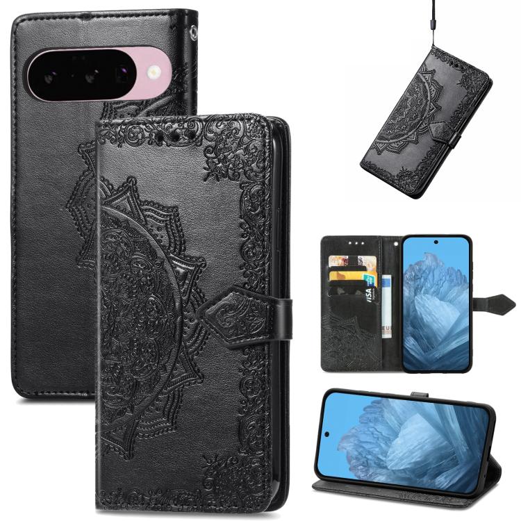 Mandala Flower Embossed Leather Phone Case, For Google Pixel 10a, For Google Pixel 10 Pro XL, For Google Pixel 9a, For Google Pixel 9 Pro XL, For Google Pixel 10 / 10 Pro, For Google Pixel 9 / 9 Pro