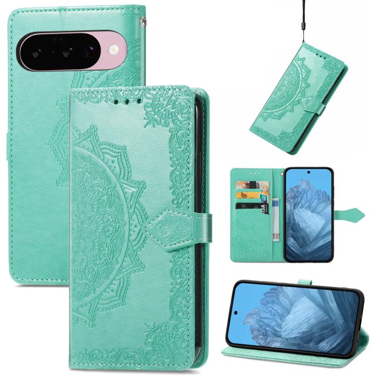Mandala Flower Embossed Leather Phone Case, For Google Pixel 10a, For Google Pixel 10 Pro XL, For Google Pixel 9a, For Google Pixel 9 Pro XL, For Google Pixel 10 / 10 Pro, For Google Pixel 9 / 9 Pro