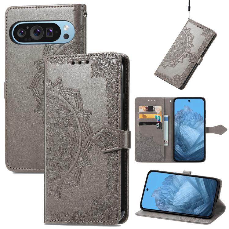 Mandala Flower Embossed Leather Phone Case, For Google Pixel 10a, For Google Pixel 10 Pro XL, For Google Pixel 9a, For Google Pixel 9 Pro XL, For Google Pixel 10 / 10 Pro, For Google Pixel 9 / 9 Pro